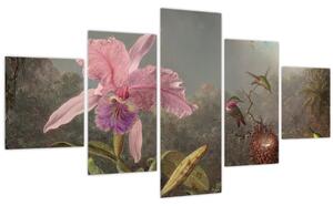 Obraz - Martin Johnson Heade, Cattleya Orchid and Three Hummingbirds, reprodukce (125x70 cm)