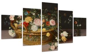 Obraz - Jan Brueghel the Elder, Flowers in a Basket and a Vase, reprodukce (125x70 cm)