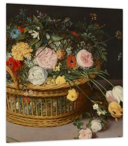 Obraz - Jan Brueghel the Elder, Flowers in a Basket and a Vase, reprodukce (30x30 cm)