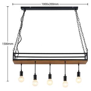 Lindby Závěsné světlo Kirista, 5 žárovek, černá/dřevo, 100 cm, E27, stmívatelný, Černá, Obývací pokoj / jídelna, kov, Vintage