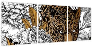 Obraz - Leopard mezi květy (s hodinami) (90x30 cm)