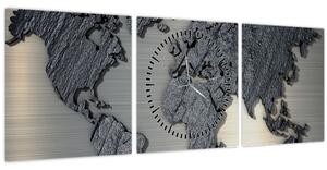 Obraz - Mapa světa v kamenné textuře (s hodinami) (90x30 cm)