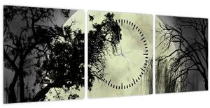 Obraz - Úplněk nad hladinou, černobílá varianta (s hodinami) (90x30 cm)