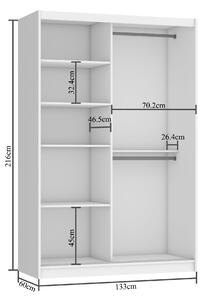 Šatní skříň 133 cm Belini bílý mat / šedý lesk s posuvnými dveřmi BH SZP2/2/W/WI/5S/HI