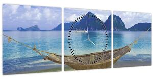 Obraz houpací sítě na pláži 2 (s hodinami) (90x30 cm)