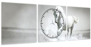 Obraz - Bílý kůň (s hodinami) (90x30 cm)