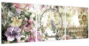 Obraz - Designové květiny (s hodinami) (90x30 cm)