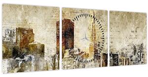 Obraz - Umělecky ztvárněné město (s hodinami) (90x30 cm)