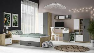 Jednolůžková postel KARIS 90x200 - bílá / antracit / dub artisan
