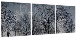 Obraz - Siluety stromů s listy (s hodinami) (90x30 cm)