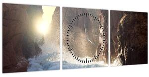 Obraz - Skály a vlny oceánu (s hodinami) (90x30 cm)
