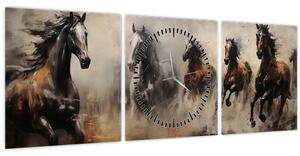 Obraz - Olejomalba koní (s hodinami) (90x30 cm)