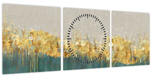 Obraz - Textrura se zlatým dekorem (s hodinami) (90x30 cm)