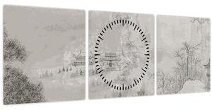 Obraz - Čínská krajina (s hodinami) (90x30 cm)