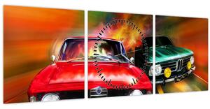 Obraz - Retro závodní auta (s hodinami) (90x30 cm)