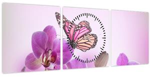 Obraz - Motýl na květech orchideje, lila (s hodinami) (90x30 cm)