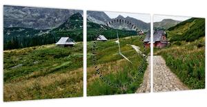 Obraz - Horská krajina s domečky (s hodinami) (90x30 cm)