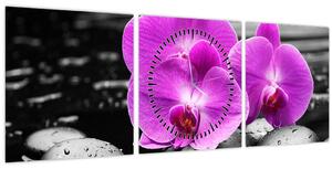Obraz - Fialové orchideje (s hodinami) (90x30 cm)