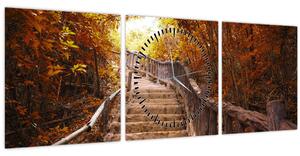 Obraz - Schody v přírodě na podzim (s hodinami) (90x30 cm)