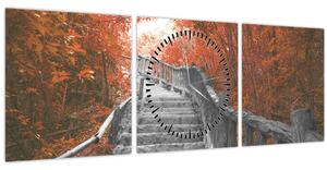Obraz - Schody v přírodě, oranžová (s hodinami) (90x30 cm)