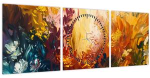 Obraz - Abstraktní malba květin (s hodinami) (90x30 cm)