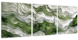 Obraz - Zelenobílé vlnky (s hodinami) (90x30 cm)