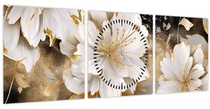 Obraz - Květiny ve zlatě (s hodinami) (90x30 cm)