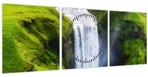 Obraz - Vodopád Skogafoss (s hodinami) (90x30 cm)