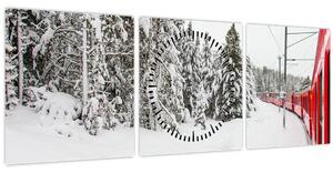 Obraz - Vlak v zasněžené krajině (s hodinami) (90x30 cm)