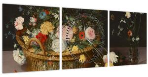 Obraz - Jan Brueghel the Elder, Flowers in a Basket and a Vase, reprodukce (s hodinami) (90x30 cm)