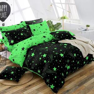 7dílné bavlněné povlečení na 2 postele 140×200/70×90 – hvězdy černo-zelené (moderní design) + prostěradlo zdarma | 100% bavlna, knoflíky
