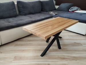 Konferenční stolek Motáček Typ a sukovitost dřeva: Dub sukovitý/rustikální (0 Kč), Barva kovových nohou: Černá mat - RAL 9005 (0 Kč), velikost stolku (D x Š x V): 110 x 60 x 45 (cm)