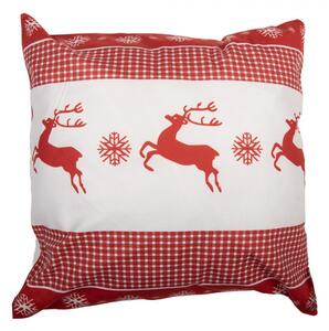 Červeno-bílý povlak na polštář se soby a kostkovaným okrajem – 45x45 cm