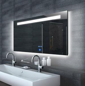 LED zrcadlo MALENA 140x65 cm s hodinami a horním osvětlením