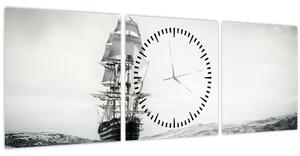 Obraz - Loď plující po oceánu (s hodinami) (90x30 cm)
