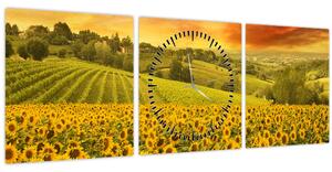 Obraz - Slunečnicové pole (s hodinami) (90x30 cm)