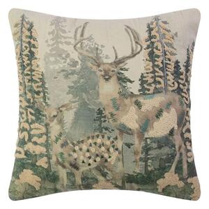 Béžový plátěný polštář jelen s vyšitými aplikacemi Deer Forest - 45*45 cm - Mars & More