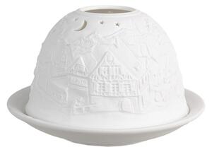 Bílý porcelánový svícen na čajovou svíčku vesnice s noční oblohou – 12x8 cm