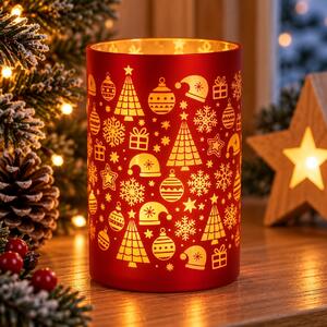 Červený skleněný LED svícen s vánočními ozdobami 12cm 9305403B