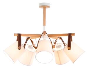 Light for home - Lustr na tyči s dřevěnými prvky a koženými řemínky 60405 "RIONI", 5x40W, E27, bílá, přírodní olše, hnědá kůže