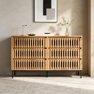 Komoda se šesti zásuvkami, rozměry 120x40x81 cm, vyrobená z MDF a dřevotřísky v barvě dřeva, s designem s mřížkou, vhodná do obývacího pokoje, ložnice a chodby
