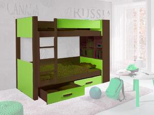 Dětská patrová postel se zábranou a úložným prostorem Gustav, masiv borovice, ořech-zelená - VÝPRODEJ Z EXPOZICE