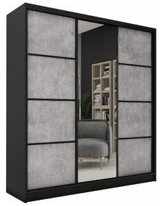 Šatní skříň HARAZIA 180 se zrcadlem, 4 šuplíky a 2 šatními tyčemi, černý mat/beton