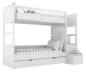 Bílá dětská patrová postel SIMONE s úložnými schody a policí 90x200 cm Zvolte šuplík: Přistýlka 90x190 cm, Zvolte stranu: Vlevo