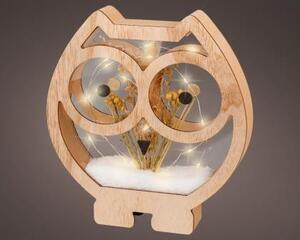 Dřevěná sova na podstavci se sušinou, 25 LED, rozměr 23 x 24.5 cm, hnědá