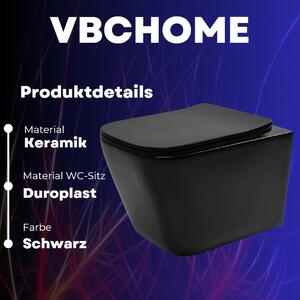VBChome Závěsné keramické WC bez obrouček s poklopem Termosetové WC sedátko Bez obrouček s funkcí SoftClose Omyvatelné WC Černá matná barva