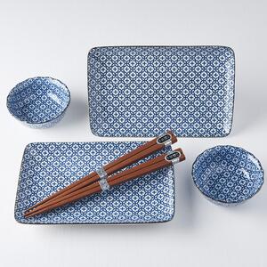 Made in Japan (MIJ) Sushi Set Blue & White Geometric Flowers 4 ks s hůlkami