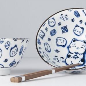 Made in Japan (MIJ) Bowl Set Maneki Cat Blue 2 x 400 ml with Chopsticks