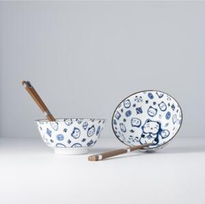 Made in Japan (MIJ) Bowl Set Maneki Cat Blue 2 x 400 ml with Chopsticks