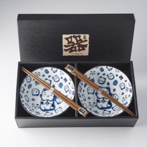 Made in Japan (MIJ) Bowl Set Maneki Cat Blue 2 x 400 ml with Chopsticks